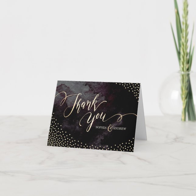 Tarjeta De Agradecimiento Glam black faux gold purpurina caligraphy gracias (Anverso)