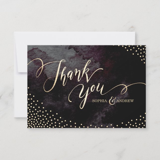 Tarjeta De Agradecimiento Glam black faux gold purpurina caligraphy gracias (Anverso)