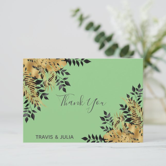 Tarjeta De Agradecimiento Glam Black & Gold Tropical Leaves Gracias (Anverso de pie)