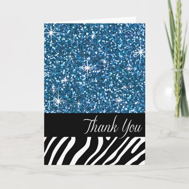 Tarjeta De Agradecimiento Glam Bling Purpurina Zebra Gracias | azul (Anverso)