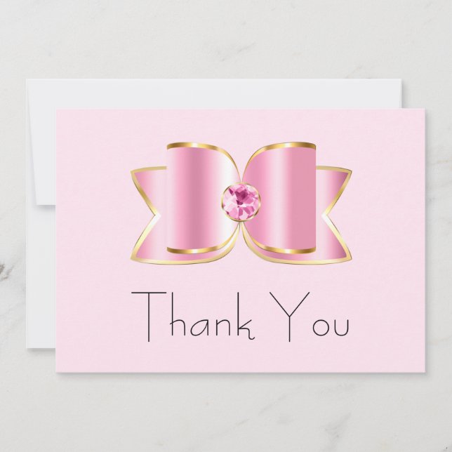 Tarjeta De Agradecimiento Glam Bow rosado con cumpleaños central de Gemstone (Anverso)