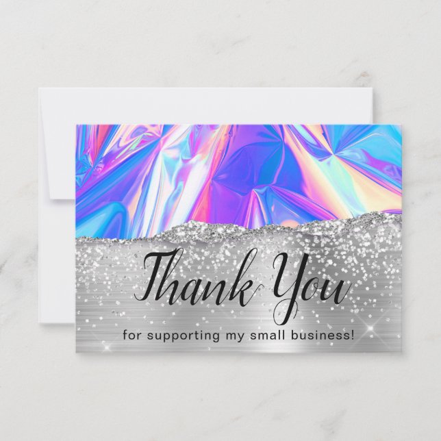 Tarjeta De Agradecimiento Glam Girly Silver Purpurina Holographic Business (Anverso)