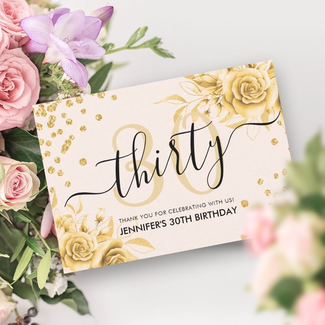 Tarjeta De Agradecimiento Glam Gold Floral Purpurina 30.º guión de cumpleaño (Glam Gold Floral Glitter 30th Birthday Script Thank You Card)
