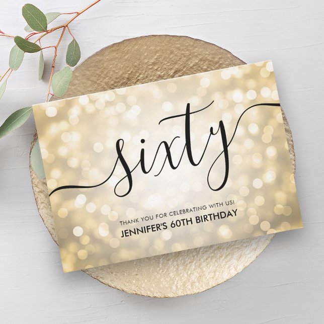 Tarjeta De Agradecimiento Glam Gold Purpurina Lights 60th Birthday Gracias (Glam Gold Glitter Lights 60th Birthday Thank You)
