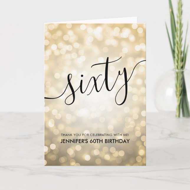 Tarjeta De Agradecimiento Glam Gold Purpurina Lights 60th Birthday Gracias (Anverso)