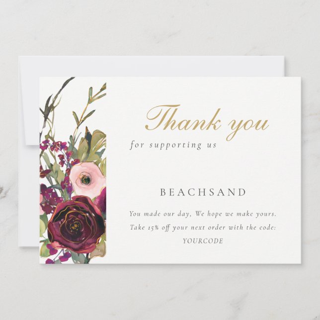 Tarjeta De Agradecimiento Glam Gold Rubor Burgundy Rosa Floral Business (Anverso)