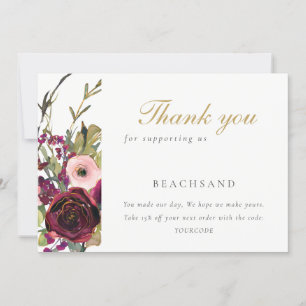 Tarjeta De Agradecimiento Glam Gold Rubor Burgundy Rosa Floral Business