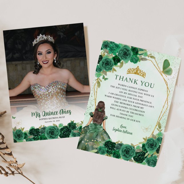Tarjeta De Agradecimiento Glam Green Gold Floral Princesa Quinceañera Foto (Subido por el creador)