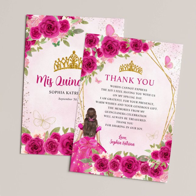 Tarjeta De Agradecimiento Glam Magenta oro rosa floral Princesa Quinceañera (Subido por el creador)