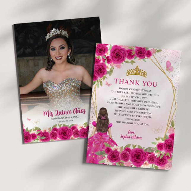 Tarjeta De Agradecimiento Glam Pink Gold Floral Princesa Quinceañera Foto (Subido por el creador)