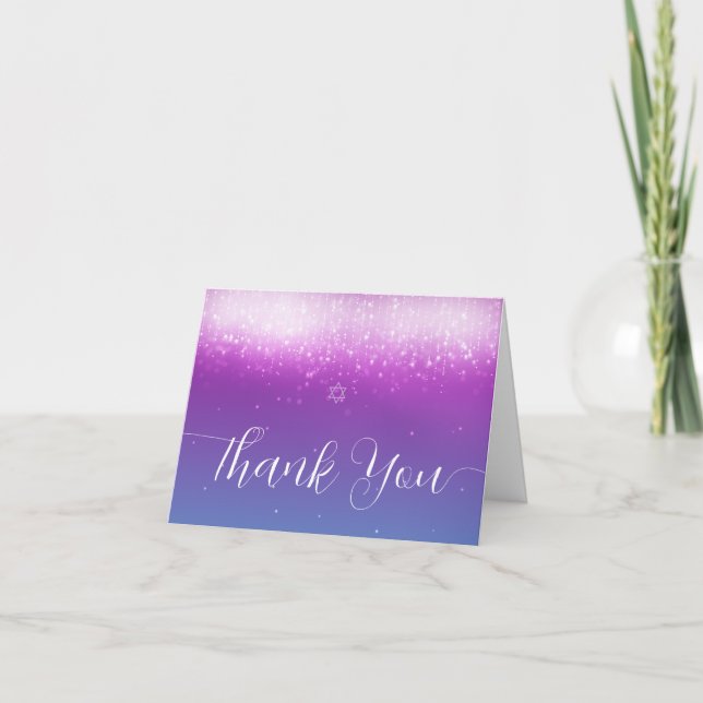 Tarjeta De Agradecimiento Glam Purple Verde azulada Bat Mitzvah (Anverso)
