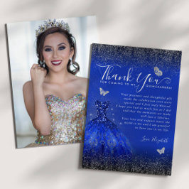 Tarjeta De Agradecimiento Glam Royal Blue Silver Purpurina Quinceanera Photo