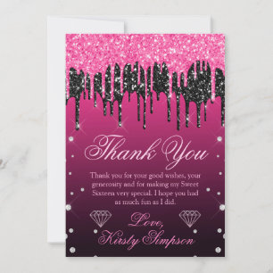 Tarjeta De Agradecimiento Glamoroso Purpurina de goteo negro y rosa dulce 16
