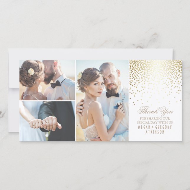 Tarjeta De Agradecimiento Glamour del oro de Confetti Boda Blanco Gracias (Anverso)