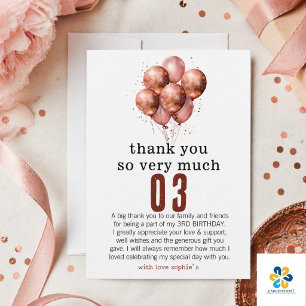 Tarjeta De Agradecimiento Glitter de acuarela Rosa Oro globo 3 cumpleaños