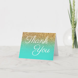 Tarjeta De Agradecimiento Glitter de oro turquesa ombre caligrafía elegante