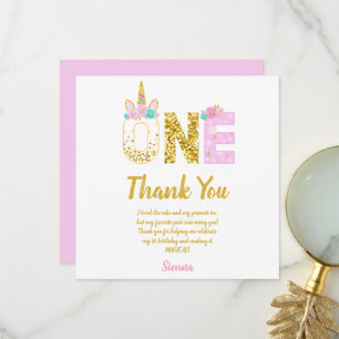 Tarjeta De Agradecimiento Glitter Dorado Unicornio Rosa Cumpleaños 1