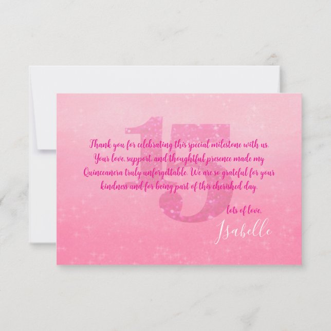 Tarjeta de agradecimiento Glitter Pink Quinceñera (Reverso)