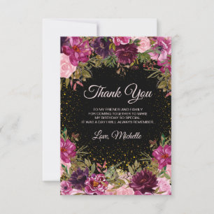 Tarjeta De Agradecimiento Glitter Rosa Borgoña Cumpleaños Negro