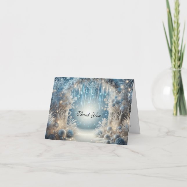 Tarjeta De Agradecimiento Glittering Snowy Forest Boda Photo (Anverso)