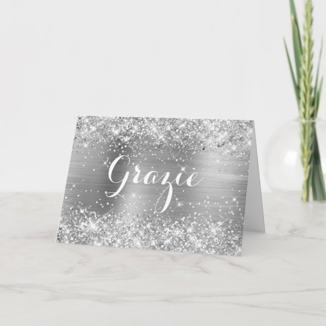 Tarjeta De Agradecimiento Glittery Silver Foil Clásico Script Grazie (Anverso)