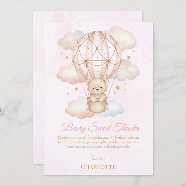Tarjeta De Agradecimiento Globo aerostático Beary Sweet cumpleaños 1er año  (Anverso / Reverso)