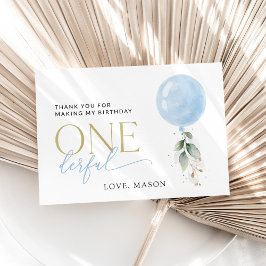 Tarjeta De Agradecimiento Globo azul, eucalipto, vegetación, primer cumpleañ
