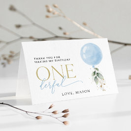 Tarjeta De Agradecimiento Globo azul, eucalipto, vegetación, primer cumpleañ