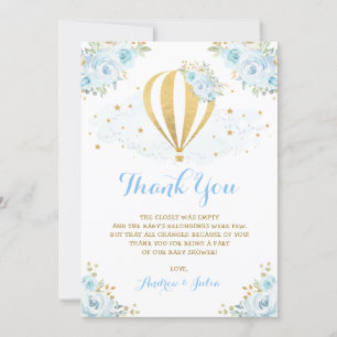 Tarjeta De Agradecimiento Globo caprichoso Baby Shower floral azul del aire