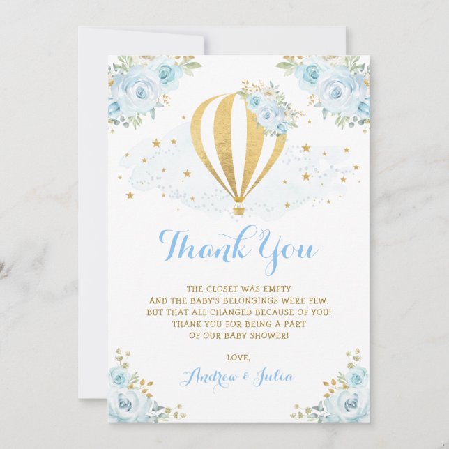 Tarjeta De Agradecimiento Globo caprichoso Baby Shower floral azul del aire (Anverso)