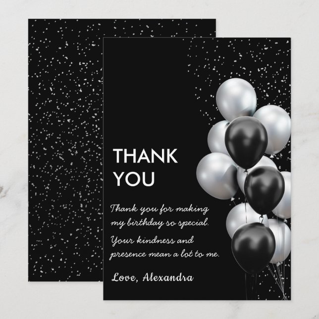 Tarjeta De Agradecimiento Globo Gris Chic Negra (Anverso / Reverso)