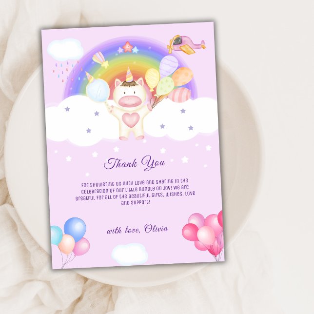 Tarjeta De Agradecimiento Globo púrpura pastoral unicornio Rainbow Baby Show (Purple Pastel Balloon Unicorn Rainbow Baby Shower Thank You Card)