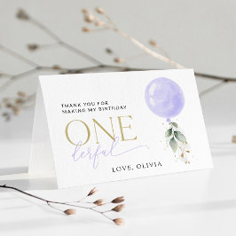 Tarjeta De Agradecimiento Globo púrpura, vegetación, follaje, primer cumplea