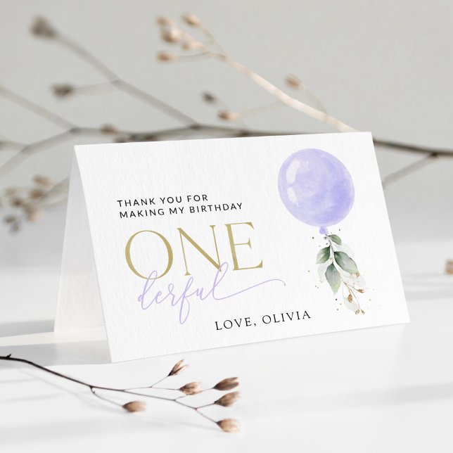Tarjeta De Agradecimiento Globo púrpura, vegetación, follaje, primer cumplea (Subido por el creador)