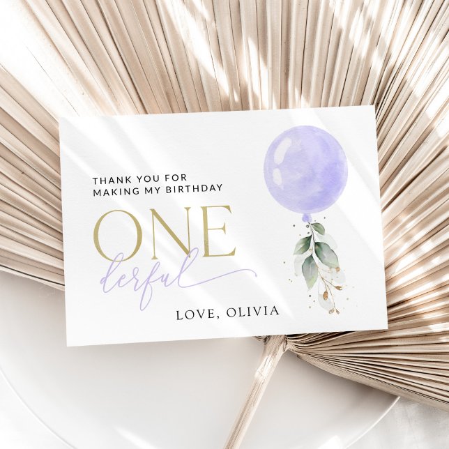 Tarjeta De Agradecimiento Globo púrpura, vegetación, follaje, primer cumplea (Subido por el creador)