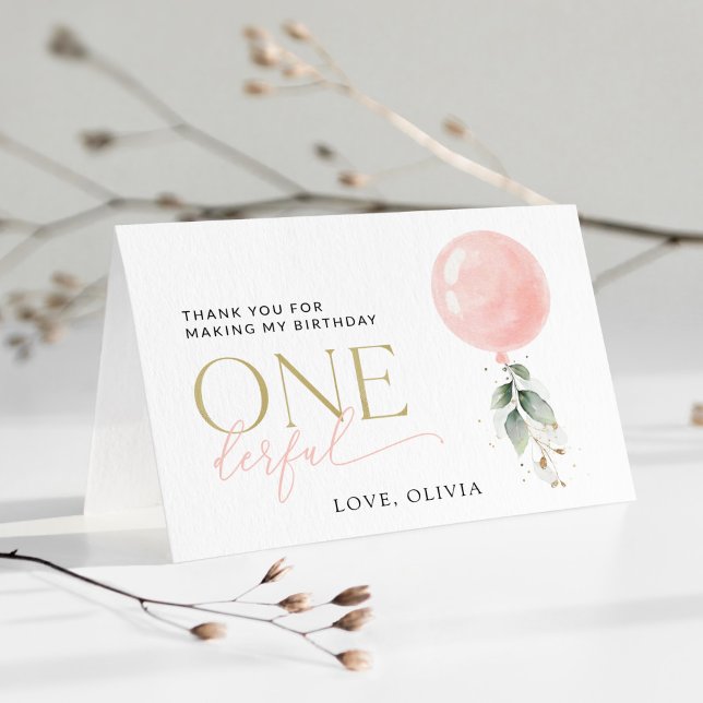 Tarjeta De Agradecimiento Globo rosa, eucalipto, vegetación, primer cumpleañ (Subido por el creador)