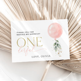 Tarjeta De Agradecimiento Globo rosa, eucalipto, vegetación, primer cumpleañ