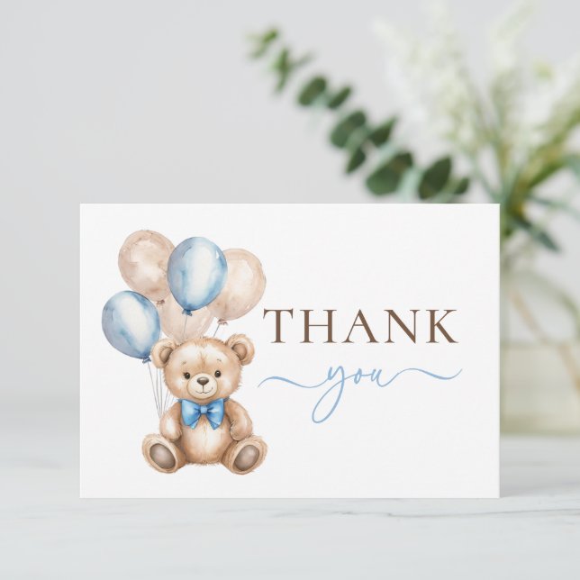 Tarjeta De Agradecimiento Globos Cute Teddy Bear | Baby Shower Blue Boy (Anverso de pie)