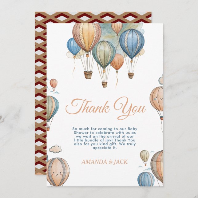 Tarjeta De Agradecimiento Globos de aire caliente Pastel Boy Viaje Baby Show (Anverso / Reverso)
