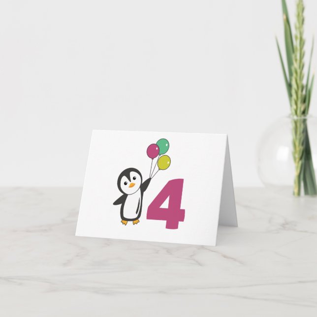Tarjeta De Agradecimiento Globos de cuarto cumpleaños de pingüino para niños (Anverso)