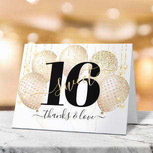 Tarjeta De Agradecimiento Globos de cumpleaños dorados Sweet 16 Modernos y l