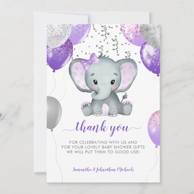 Tarjeta De Agradecimiento Globos de elefante lindo Chica (Anverso)