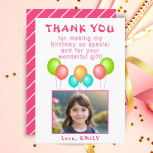 Tarjeta De Agradecimiento Globos de fiesta rosados para cumpleaños de niña