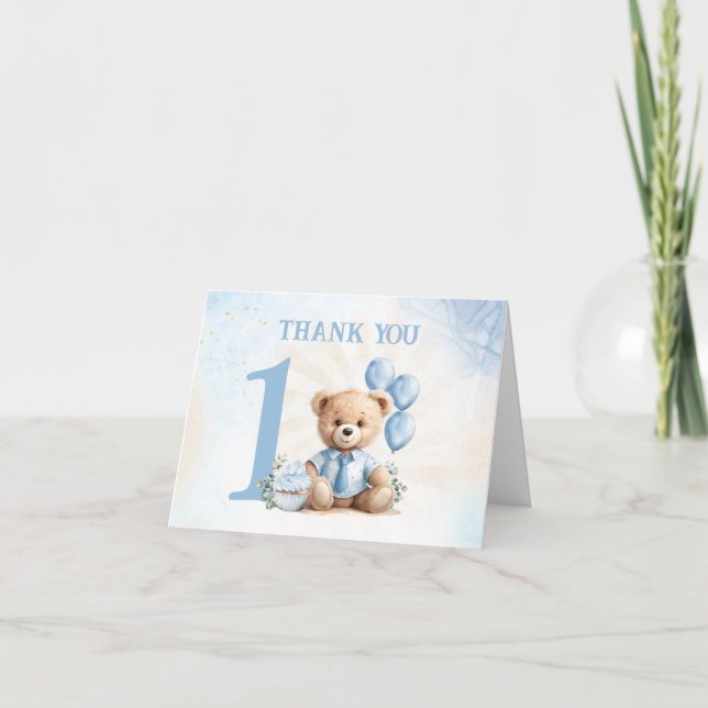 Tarjeta De Agradecimiento Globos de número azul del primer cumpleaños de Bea (Anverso)