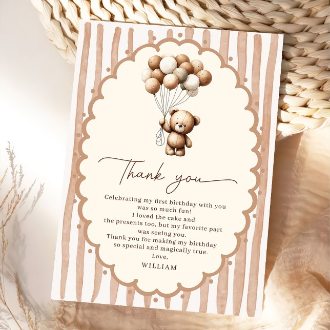 Tarjeta De Agradecimiento Globos de osito de peluche marrón rayas cumpleaños (Subido por el creador)