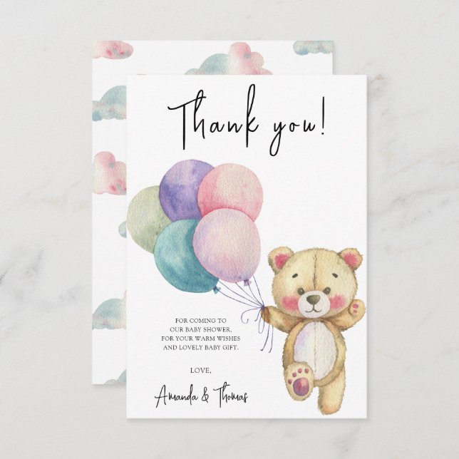 Tarjeta De Agradecimiento Globos de oso de peluche - gracias (Anverso / Reverso)