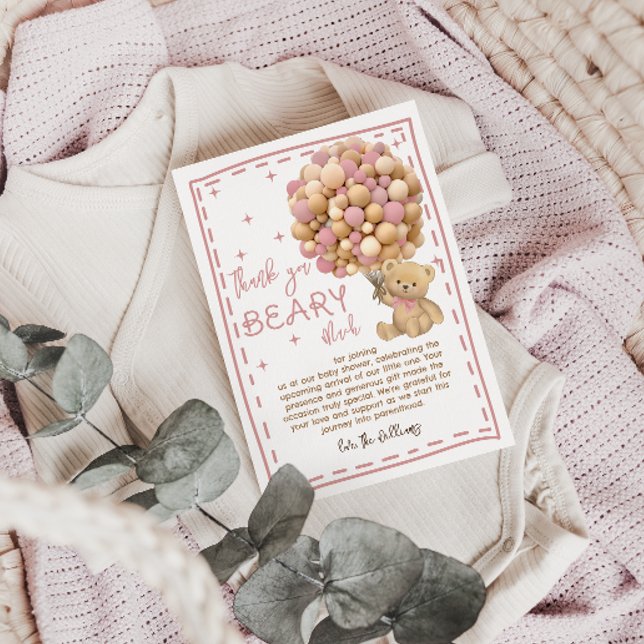 Tarjeta De Agradecimiento Globos de oso moderno con Baby Shower rosa de espe (Subido por el creador)