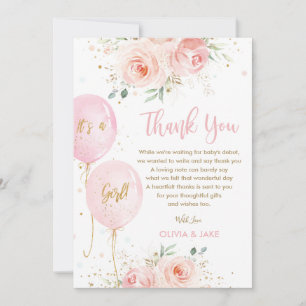 Tarjeta De Agradecimiento Globos Florales Rosa Claro Dorado Ducha de Bebé Ni