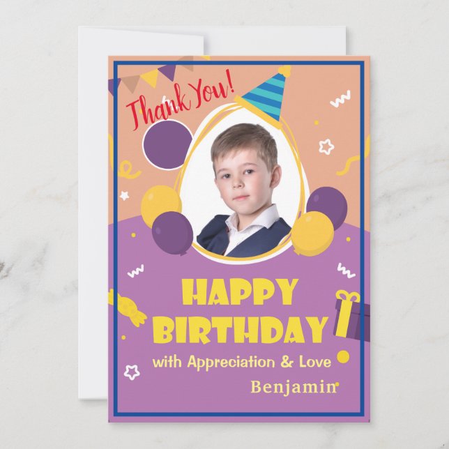 Tarjeta De Agradecimiento Globos Fotográficos para Niños Feliz Cumpleaños Pe (Anverso)