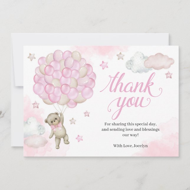 Tarjeta De Agradecimiento Globos rosados Teddy Bear Baby Shower Gracias Coch (Anverso)